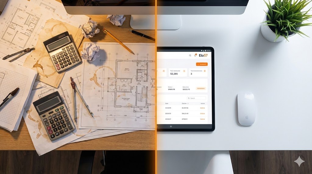 Comparativo: Mesa bagunçada vs Gestão digital Elo 57